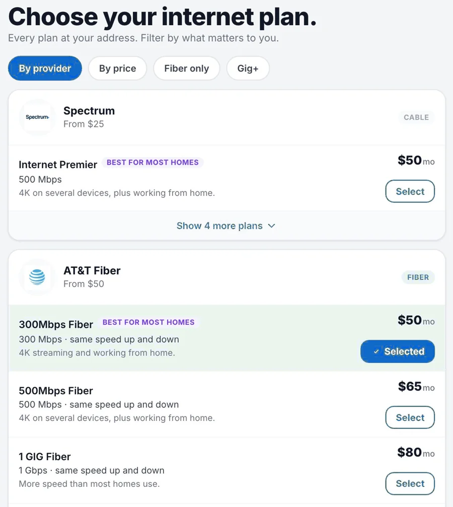Checkout showing internet plans at the address
