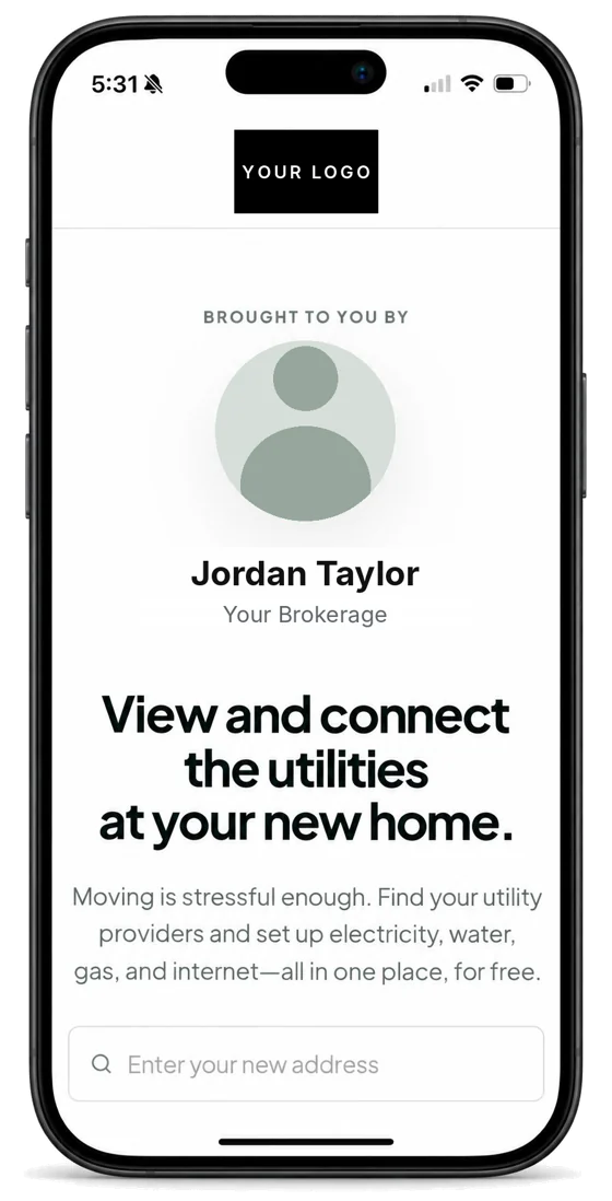Branded invite from the buyer's agent to set up utilities at the new home