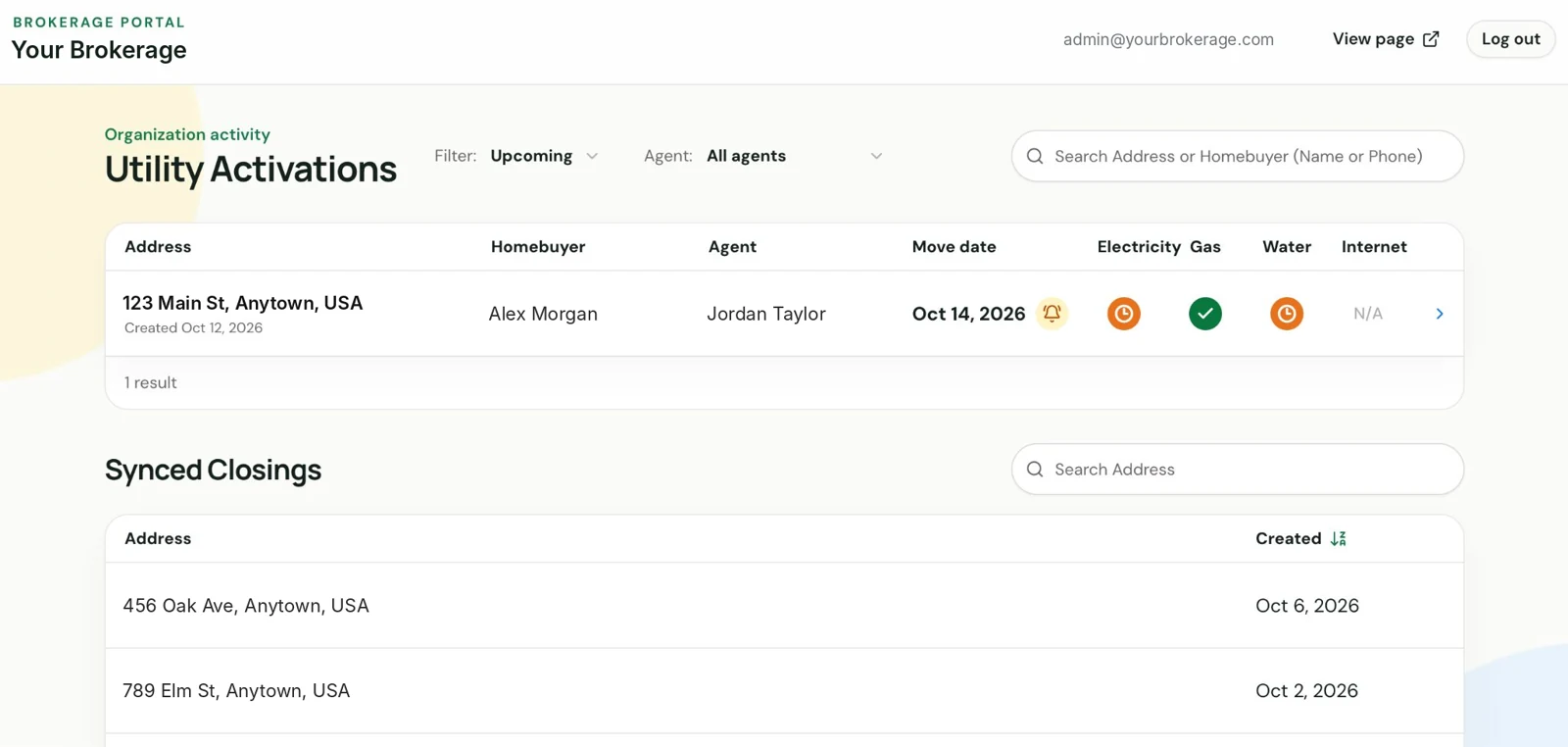 Portal showing live electricity, gas, water and internet activation status for each upcoming closing