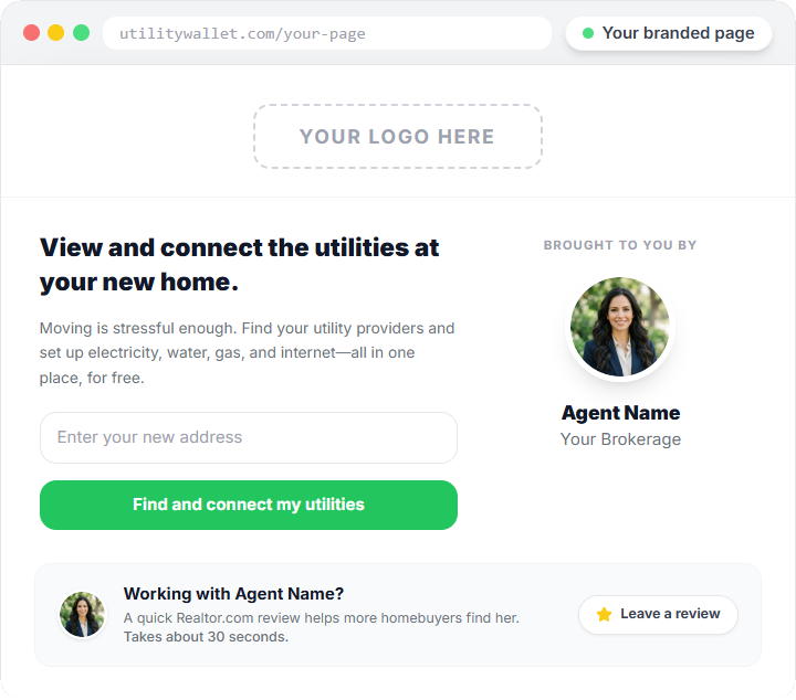 Branded agent page on utilitywallet.com where homebuyers view and connect the utilities at their new home