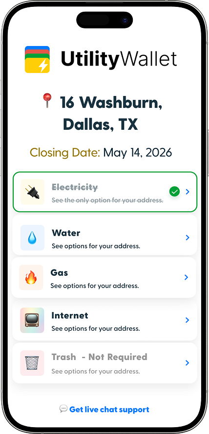 UtilityWallet app showing utility setup checklist